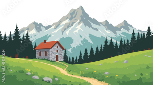 Vector illustration of the Pyrenees mountain landscape with pine trees, a stone house, grassy hills and a scenic trail under a clear sky