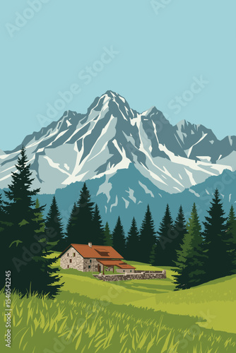 Vector illustration of the Pyrenees mountain landscape with pine trees, a stone house, grassy hills and a scenic trail under a clear sky