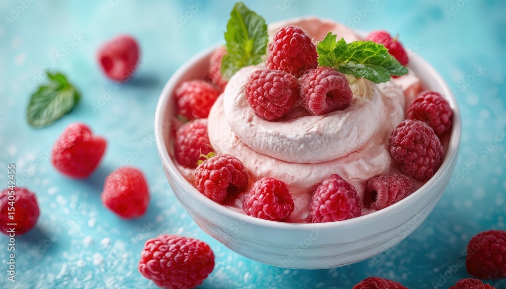 a close-up of a light blue bowl filled with raspberry mousse and fresh raspberries, garnished with mint on a textured blue surface. a close-up of a light blue bowl filled with raspberry mousse and fresh raspberries, garnished with mint on a textured blue surface.