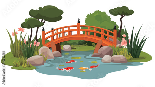 A digitally rendered illustration depicting a Japanese garden scene. The illustration showcases a small pond with several koi fish swimming in it.  A curved orange wooden bridge spans the pond.