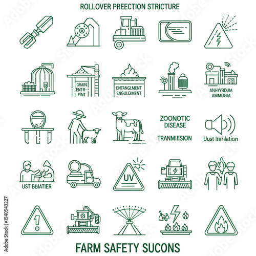 Farm Safety Icon Set: A collection of carefully crafted, minimalist icons depicts various safety precautions and potential hazards related to agricultural environments.
