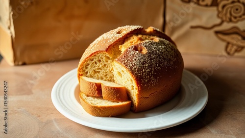 warm light textured backdrop anadama bread sliced loaf fan‑style ceramic plate breakfast
