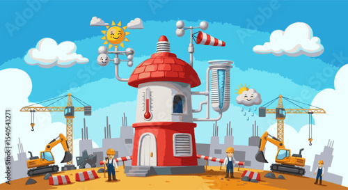 Cartoon weather station with smiling sun, rain cloud, construction site, and workers