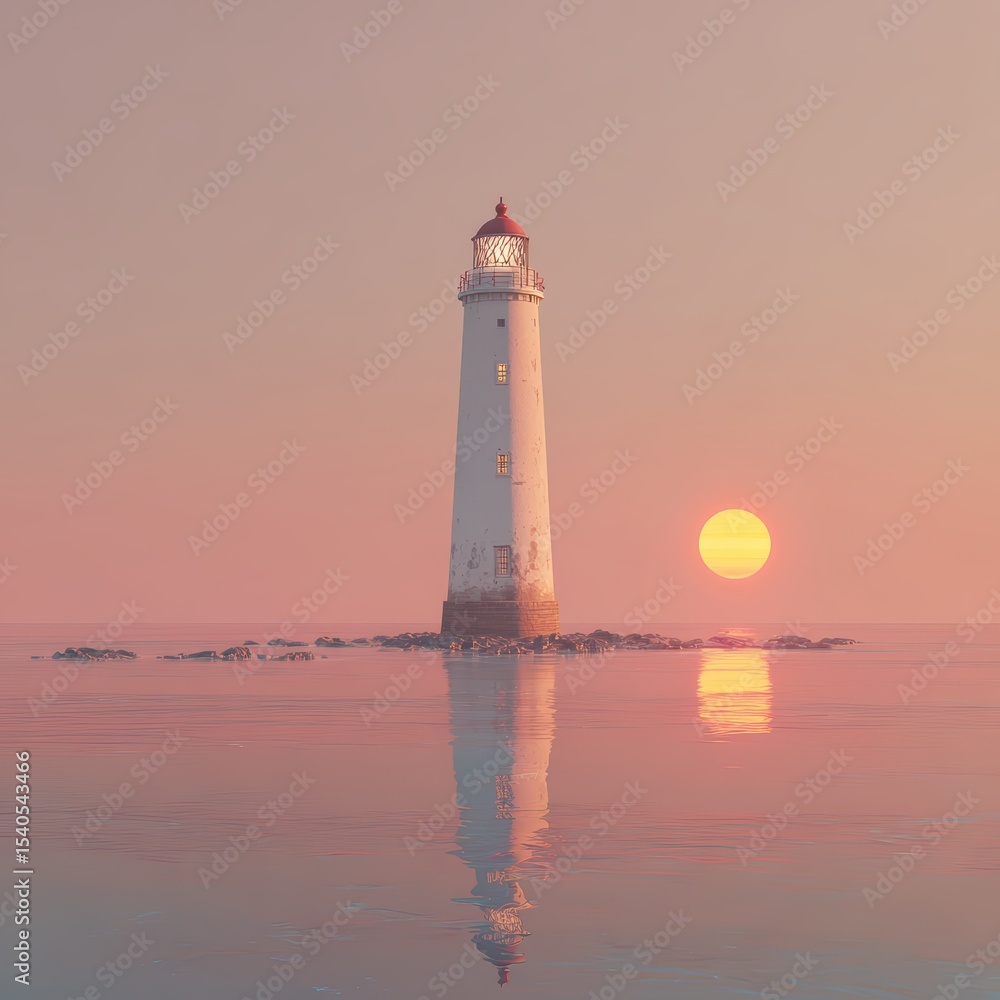 Fototapeta premium A solitary lighthouse stands on calm water during a pastel sunset, casting a serene reflection and peaceful ambiance