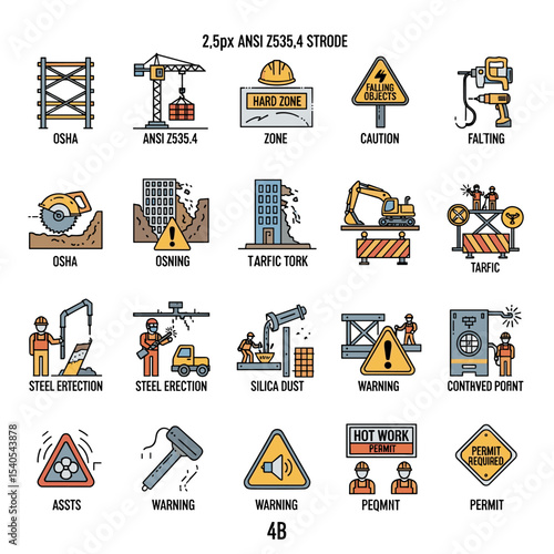 Construction Safety Icons: A comprehensive collection of vector icons illustrating various construction safety elements.