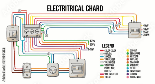 Colorful Electrical Wiring Diagram with Outlets and Voltage Labels Illustration