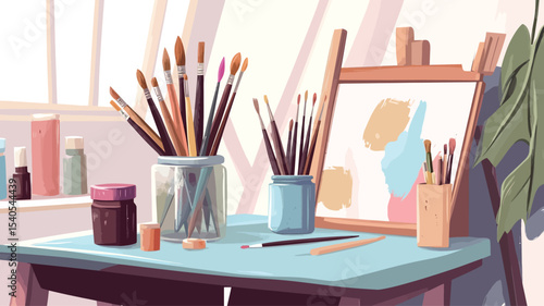 The image is a digital illustration depicting an artist's workspace.  The main focus is a light blue table holding several glass jars filled with various paintbrushes of different sizes and colors.