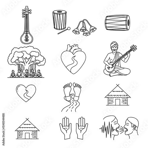 Sacred Soundscapes: A collection of illustrations, depicting traditional musical instruments and symbolic imagery, evokes cultural heritage and spiritual serenity. 