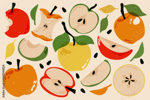 Ripe apples. Fresh apple fruits with leaves, linocut apples whole and cut pieces, abstract tropical fruit with leaf, peel, natural organic sweet sour ingredients. Vector risograph set