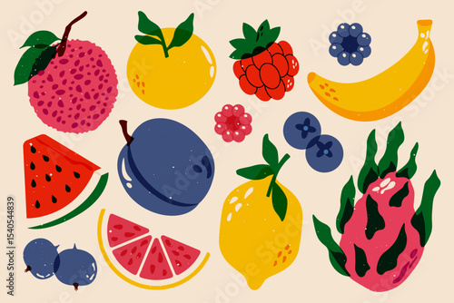 Fruits and berries. Vintage nature print with orange, dragon fruit, plum, watermelon, grapefruit, blackberry, blueberry, raspberry, lemon risograph style. Vector retro fruit set