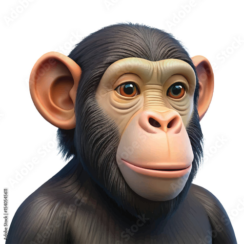 3D cute baby chimpanzee face illustration perfect for wildlife themes and jungle education projects.