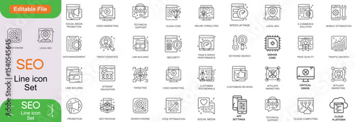 Digital marketing and SEO Outline Style Icons Set. Marketing & Search Engine Optimisation Thin Line Vector icons collection. Website, Shop, Rating, Traffic Analysis, Creativity, Target, Lion icon set.