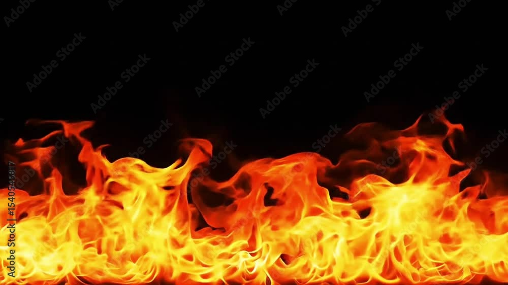 Horizontal of Intense Chaotic Flames Against Solid Black Background Horizontal of Intense Chaotic Flames Against Solid Black Background