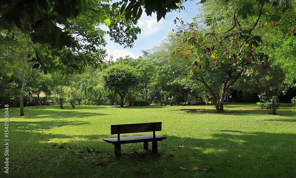 Wooden Bench Among Green Lawn and Trees on a Sunny Day with Shadow Dapples Creates Inviting and Tranquil Park Landscape Wooden Bench Among Green Lawn and Trees on a Sunny Day with Shadow Dapples Creates Inviting and Tranquil Park Landscape
