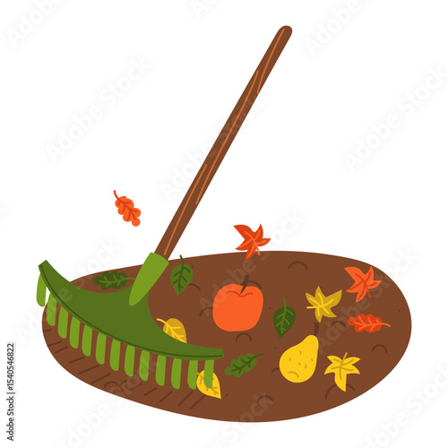 Plastic rakes rake fallen autumn leaves with apples and pears. Gardening tools. Flat color illustration. Suitable for gardening, site maintenance, weed control, agricultural machinery and manual labor