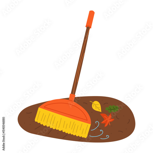 We use a plastic broom to sweep the autumn leaves. Gardening tools. Flat color illustration. Suitable for gardening, site maintenance, weed control, agricultural machinery and manual labor