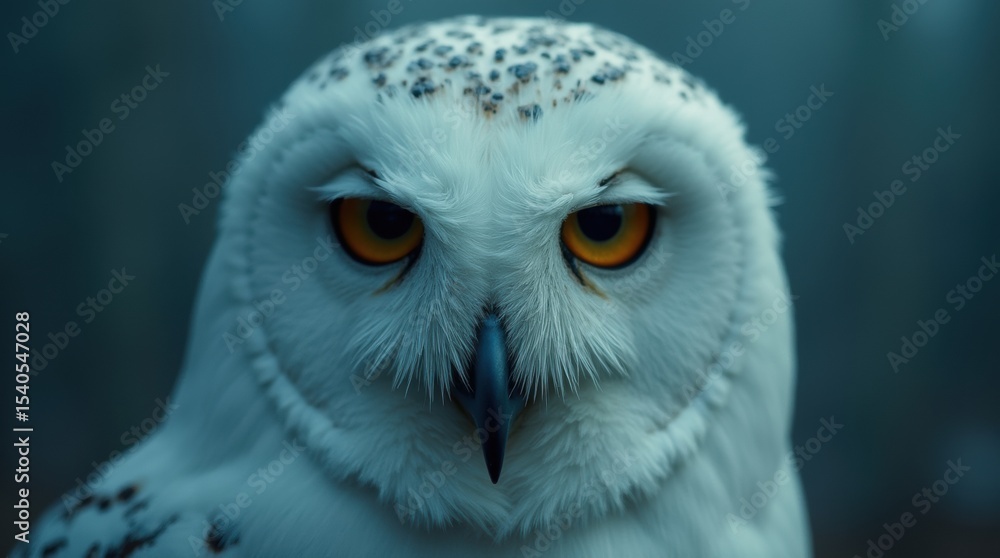 Obraz premium White owl close-up, ghost-like face, intense yellow eyes, cinematic moody analog film style, low contrast, blue grading, extremely detailed.