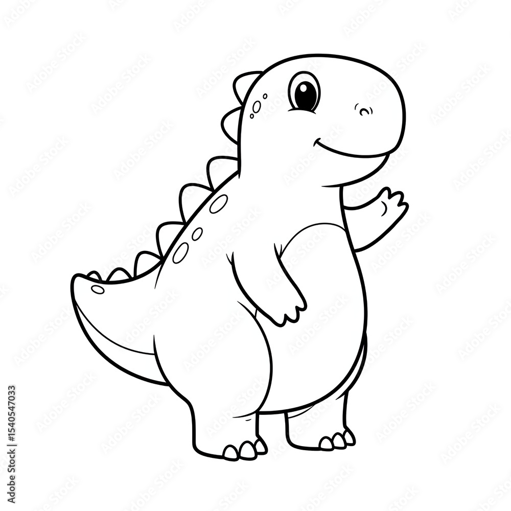 Cute Cartoon Dinosaur Waving – Black and White Line Art Illustration Cute Cartoon Dinosaur Waving – Black and White Line Art Illustration