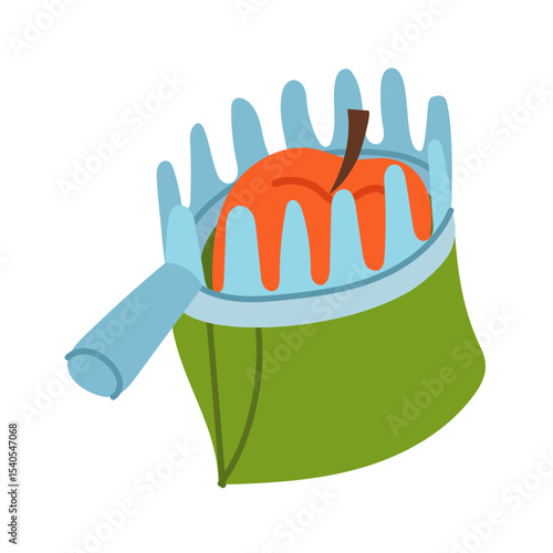 combine harvester for harvesting large fruits with an apple inside. Flat color illustration. Gardening tools. It is suitable for agrothematics, applications, educational materials, product packaging
