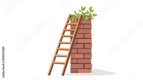 The image is a simple, stylized 2D illustration of a wooden ladder leaning against a tall, narrow brick wall.  The wall is composed of uniformly sized, reddish-brown bricks. 