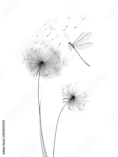 A black and white drawing of a flower with a dragonfly hovering over it