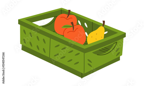 A plastic box for harvesting. Storage box. Gardening tools. Flat color illustration. Suitable for gardening, site maintenance, weed control, agricultural machinery and manual labor