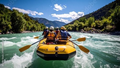Back view of a daring group white water rafting through fierce rapids, paddles raised in unison, water splashing dramatically, surrounded by rugged wilderness and raw, untamed river energy