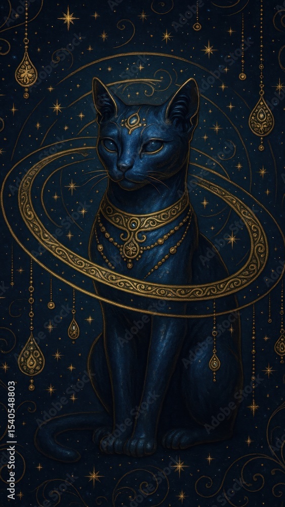 Naklejka premium Mystical cat adorned with stars.