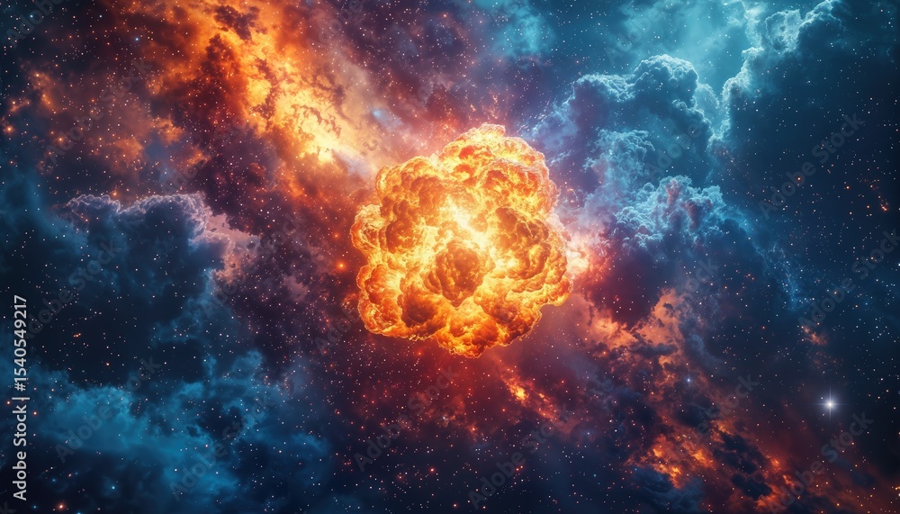 Obraz premium a vibrant and swirling cosmic explosion illuminates the darkness of space with fiery orange and cool blue nebulous clouds.