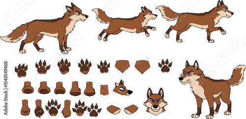Cartoon Wolf Character Design Kit: Various Poses, Expressions, and Body Parts for Animation, Game Development, and Animal Illustration Assets