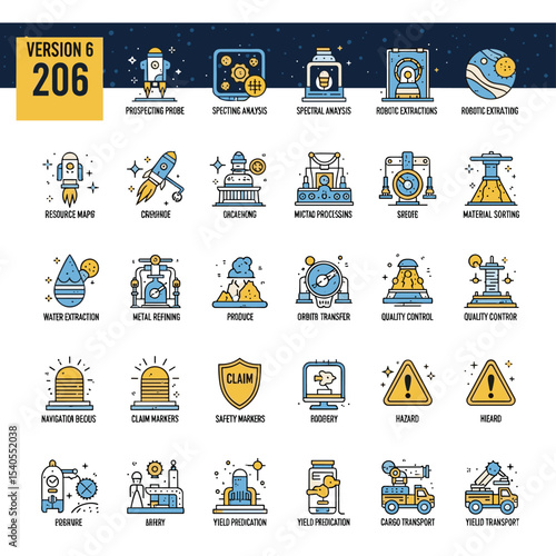 206 Icons of space exploring, analysis, and extracting for Data Representation: Icons set of the different space exploring, analysis, and extracting represent data science in modern business era.