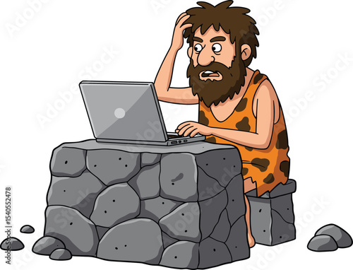 Confused Cartoon Caveman Using a Modern Laptop on Stone Desk, Humorous Illustration Blending Prehistoric Era with Technology Troubles