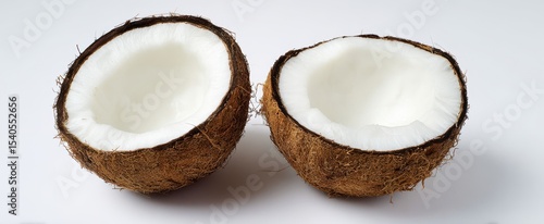The split coconut halves showcasing fresh white flesh inside.