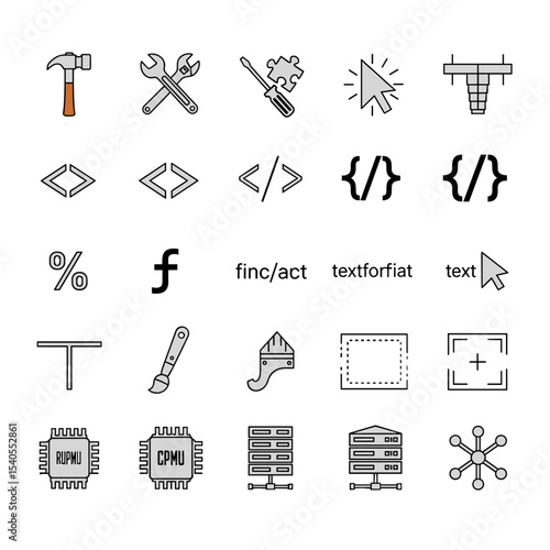 Iconic Tools and Symbols: A vibrant collection of tools, code symbols, and design elements, perfectly illustrating various concepts in web development, software creation, and design.