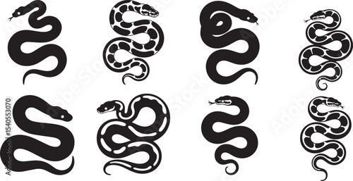 Eight black silhouettes of snakes in various poses. eps-10