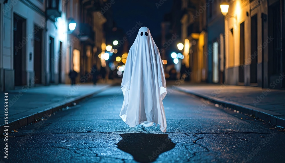 Obraz premium ghost floating in air. A ghostly figure in a white sheet stands alone on a deserted street, illuminated by soft streetlights in a nighttime setting.