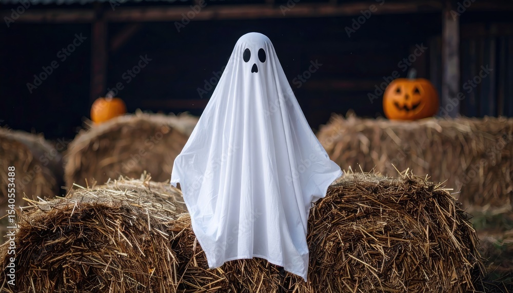 ghost floating in air. A ghost figure made from a white sheet stands among hay bales, with carved pumpkins in the background, creating a Halloween atmosphere.