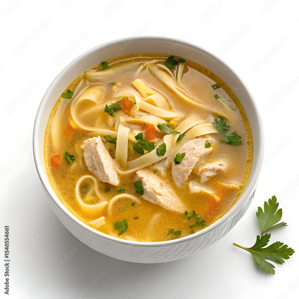 Delicious chicken noodle soup in bowl isolated on white background Delicious chicken noodle soup in bowl isolated on white background
