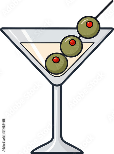 Vector Cartoon Martini Glass with Green Olives on Toothpick – Flat Color Cocktail Illustration for Logo or Bar Design