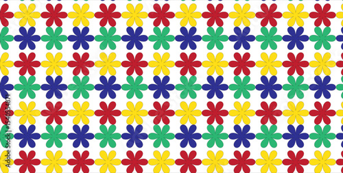 A vibrant repeating pattern of colorful floral shapes arranged in neat rows against a white background design art
