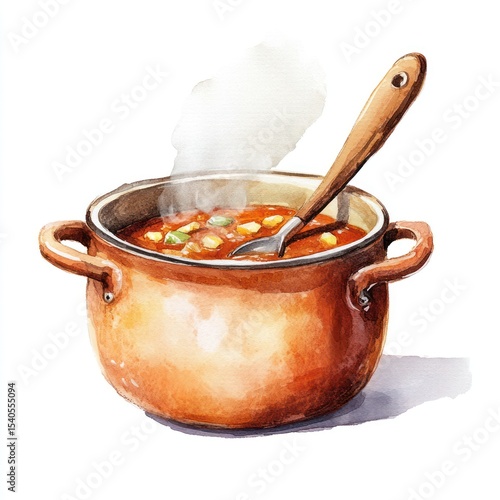 Watercolor illustration of a pot of steaming soup (2)