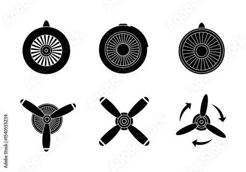 Airplane Propeller And Engine Icons: Black Silhouettes Of Aircraft Parts