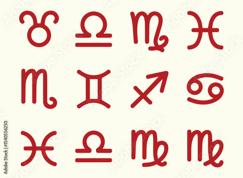 Twelve zodiac signs in red isolated on white background