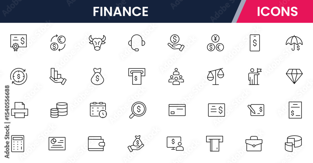 Fototapeta premium Vector illustration web line icon collection for finance: money, banking, investments, charts, and economic symbols in a sleek, modern style.