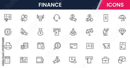 Vector illustration web line icon collection for finance: money, banking, investments, charts, and economic symbols in a sleek, modern style.