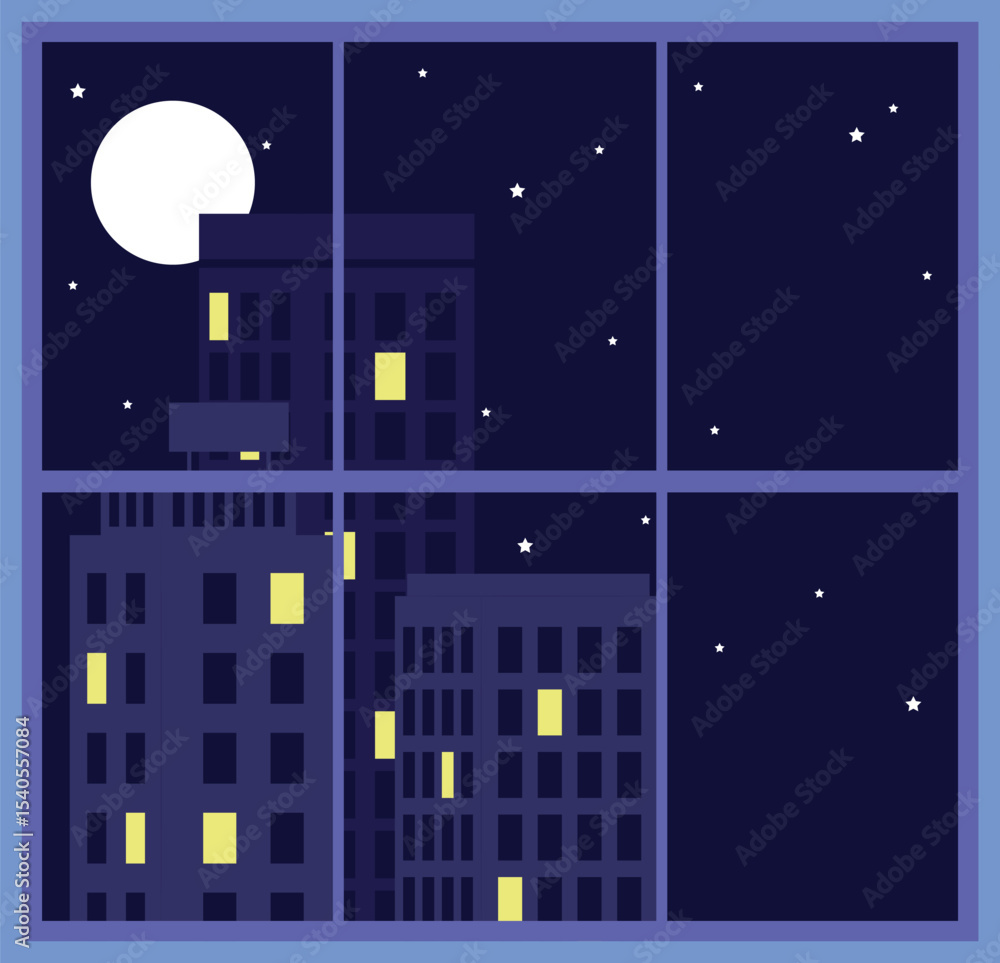 Fototapeta premium A captivating digital illustration portraying a serene nighttime city skyline viewed through a window, bathed in moonlight and sparkling stars