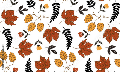 stylish autumnal background with abstract branches flowers hops leaves modern seasonal patterns for fashion home decor web design seamless pattern