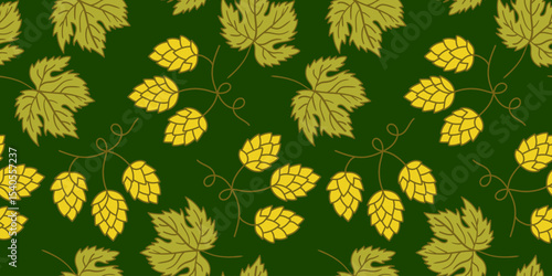seamless hops and leaves pattern on a rich green background ideal for brewing themes craft beer branding and natural botanical designs