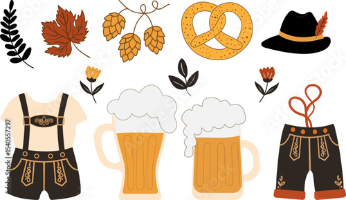 hand drawn oktoberfest vector set featuring beer mugs pretzels lederhosen hops and autumn leaves perfect for german festival designs decorations menus