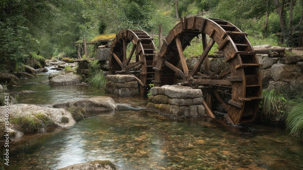 Peaceful Water Wheel in Tranquil Stream Surrounded by Lush Greenery and Natural Stones Peaceful Water Wheel in Tranquil Stream Surrounded by Lush Greenery and Natural Stones